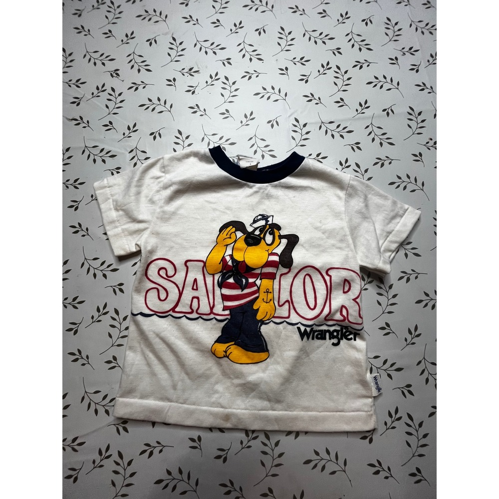 Vintage 80s rare Wrangler Kids Sailor Dog Ringer T-Shirt White Navy Size 4